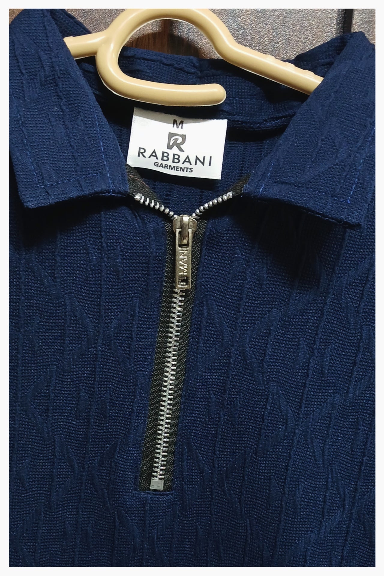 Navy Blue Textured Zip-Up Polo for Men