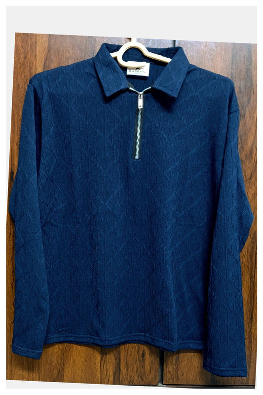 Navy Blue Textured Zip-Up Polo for Men