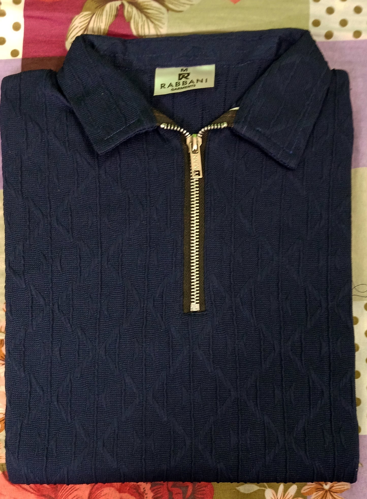 Navy Blue Textured Zip-Up Polo for Men