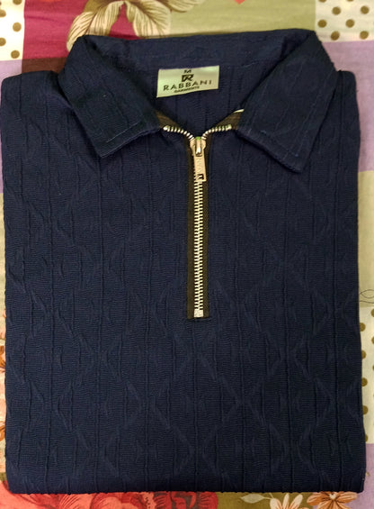 Navy Blue Textured Zip-Up Polo for Men